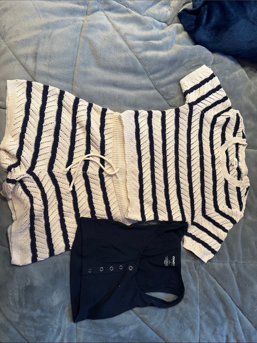 aerie Cream and Navy Striped Knit Short-Sleeve Top & shorts & navy tank top